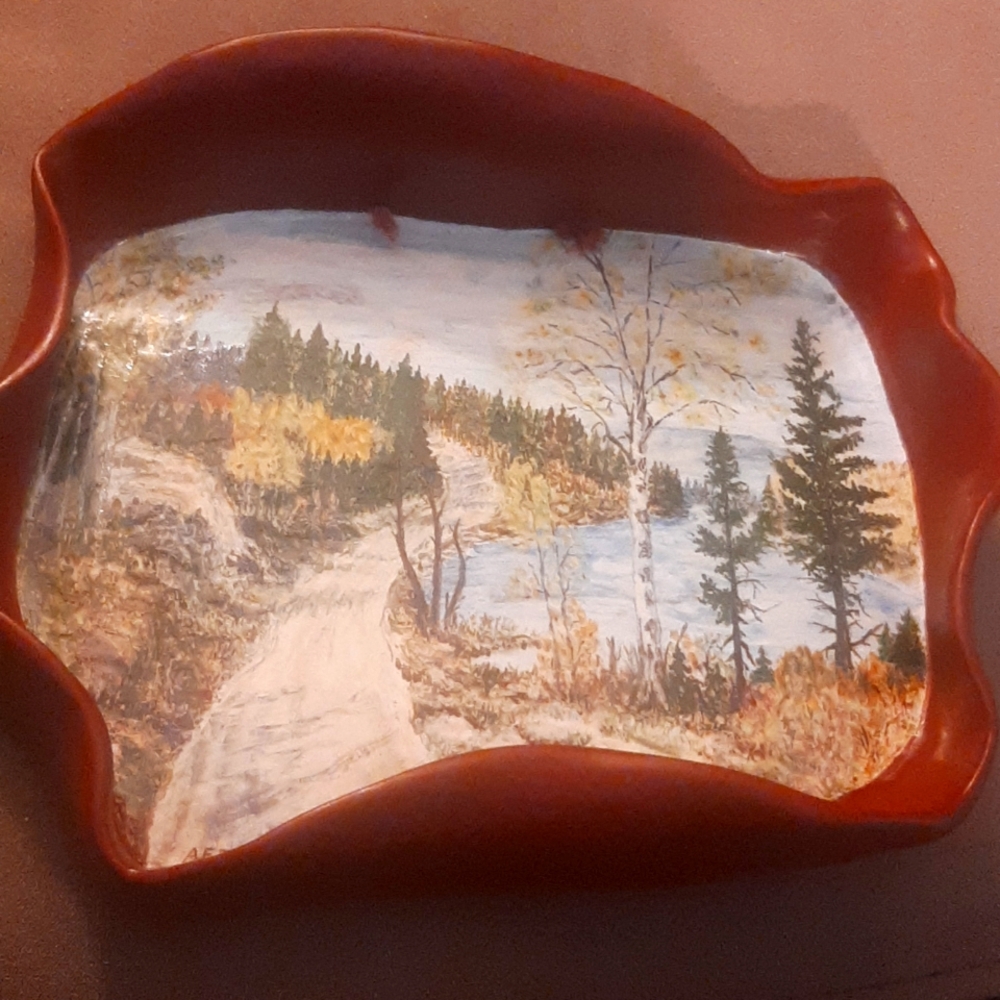 1952 Alice F Toms painted clay hanging bowl.